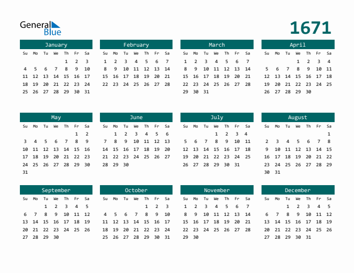 Downloadable 1671 Calendar