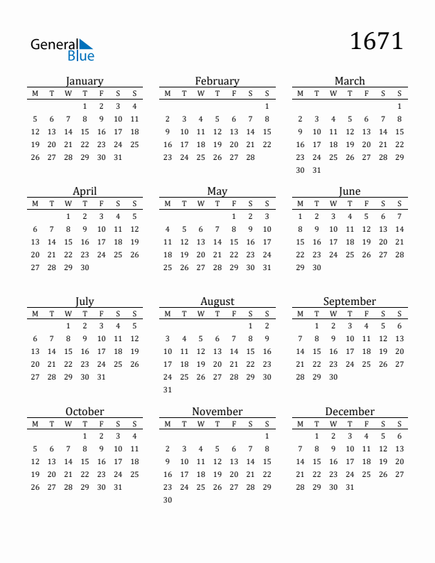 Free Printable Calendar 1671 with Monday Start