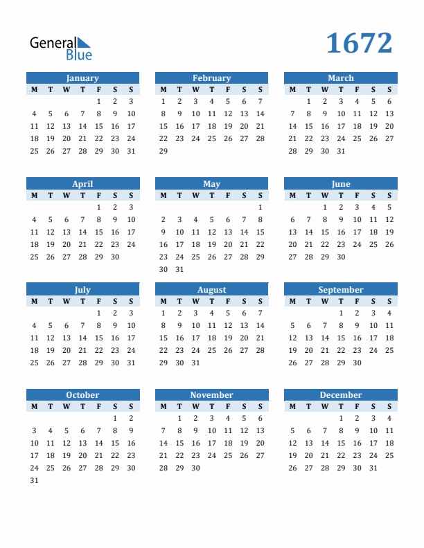 1672 Year Calendar with Monday Start