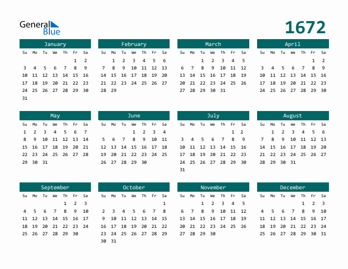 Downloadable 1672 Calendar