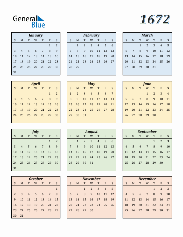 Calendar for 1672 (Sunday Start)
