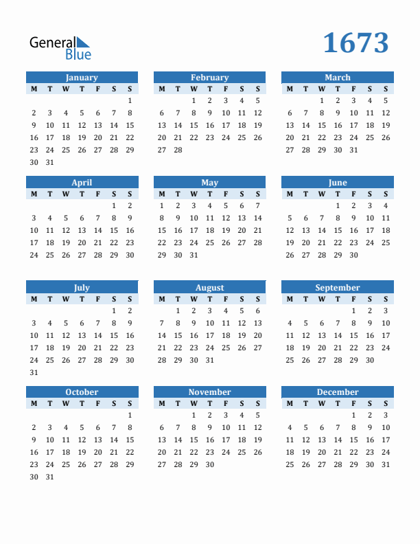 1673 Year Calendar with Monday Start