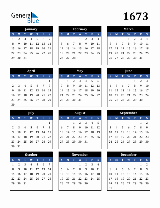 Editable Calendar 1673 - Sunday Start