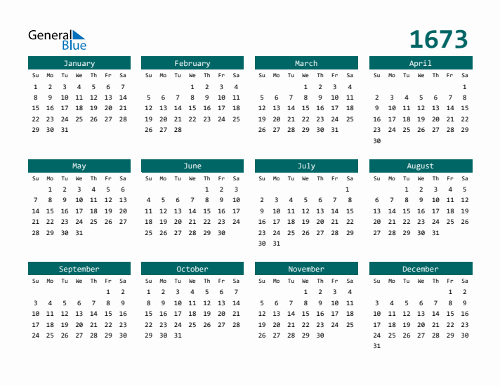 Downloadable 1673 Calendar