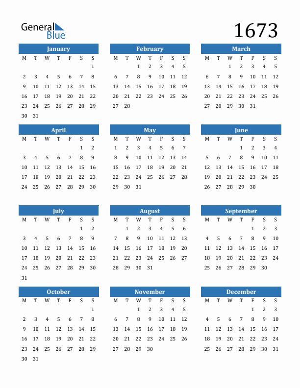 1673 Calendar