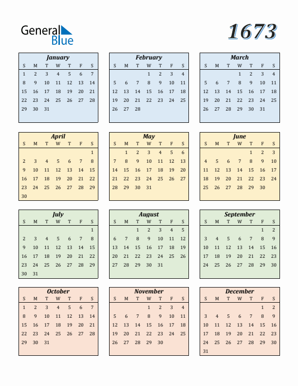 Calendar for 1673 (Sunday Start)
