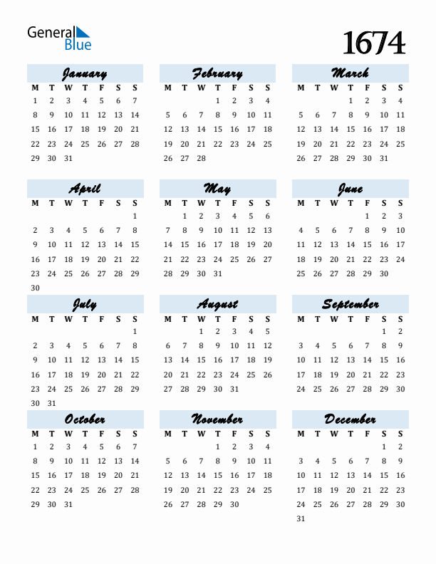 Calendar 1674 Free Download and Print