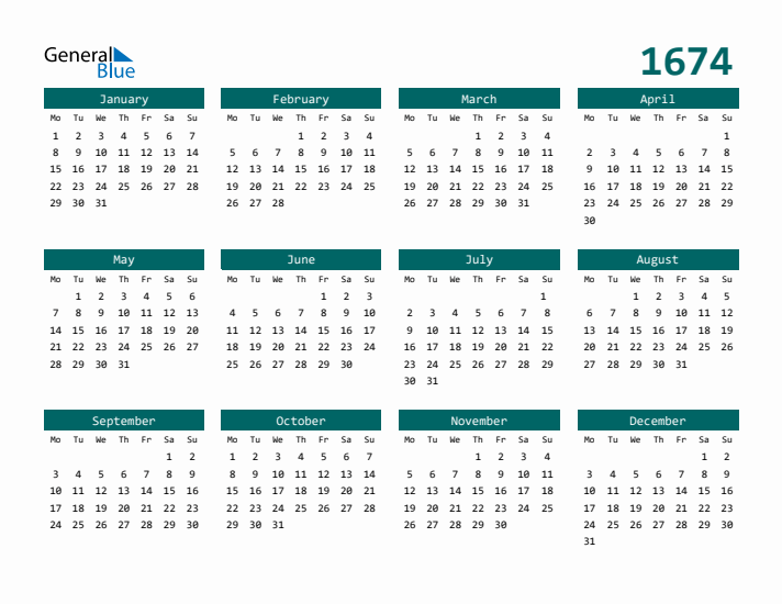 Downloadable 1674 Calendar