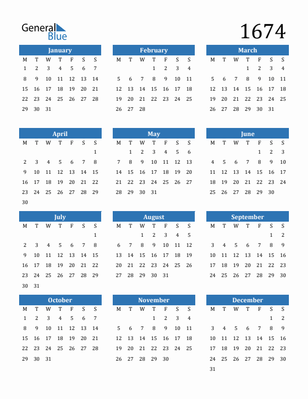 1674 Calendar