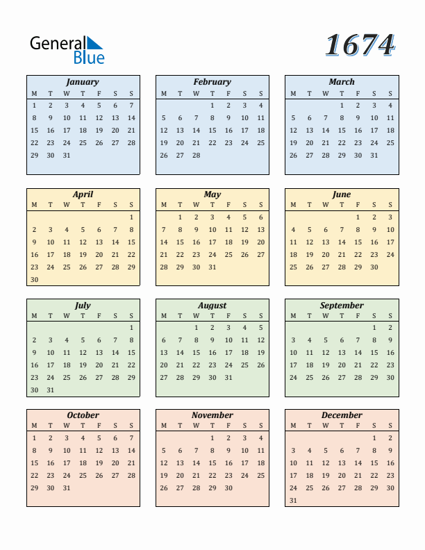 Calendar for 1674 (Monday Start)