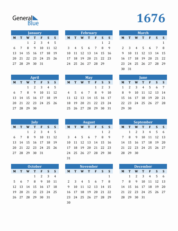 1676 Year Calendar with Monday Start