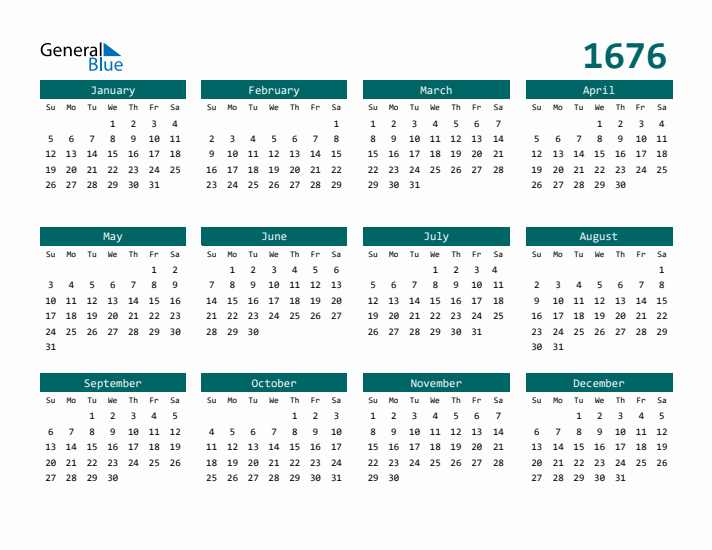 Downloadable 1676 Calendar