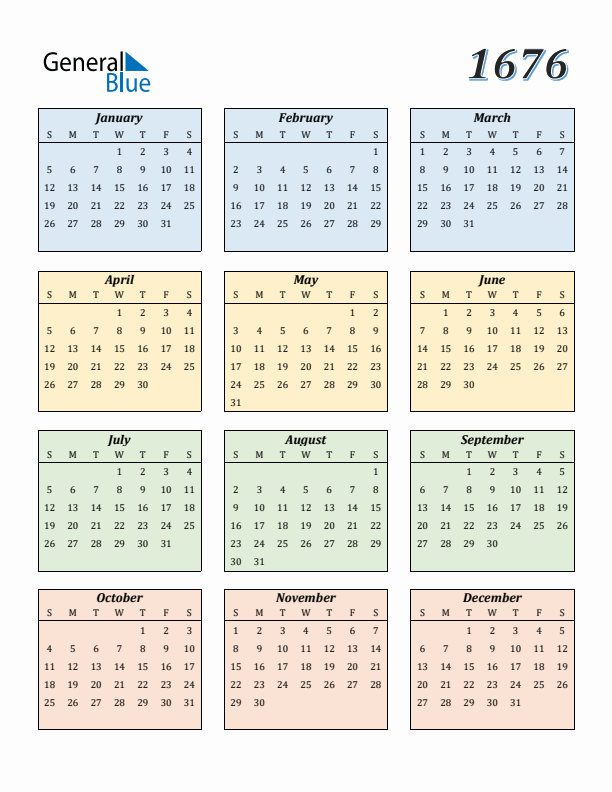 Calendar for 1676 (Sunday Start)