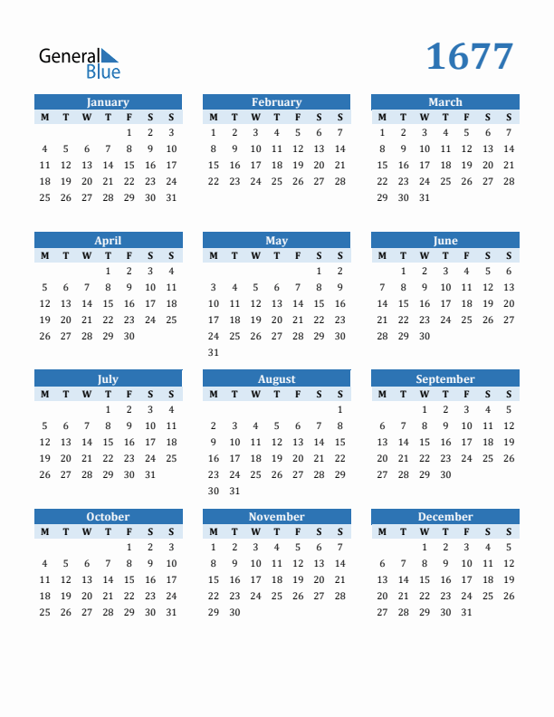 1677 Year Calendar with Monday Start