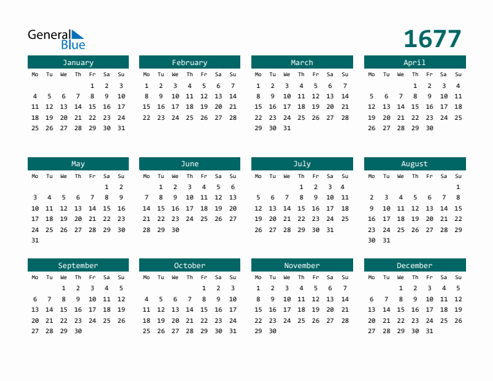 Downloadable 1677 Calendar