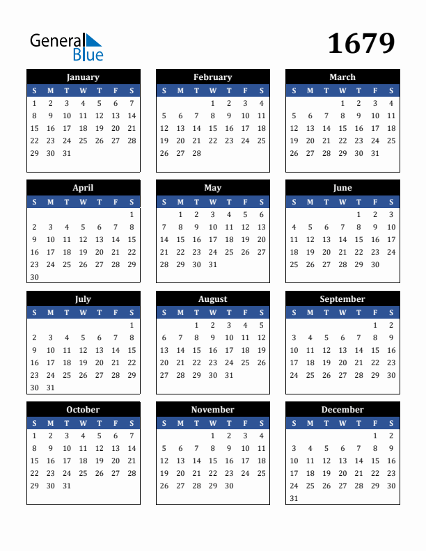 Editable Calendar 1679 - Sunday Start