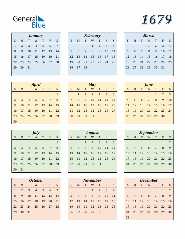 Calendar for 1679 (Sunday Start)