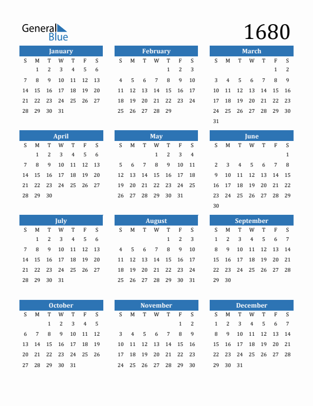 1680 Calendar