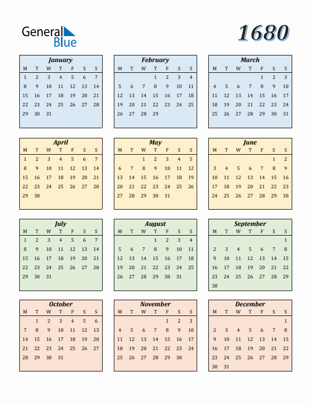 Calendar for 1680 (Monday Start)