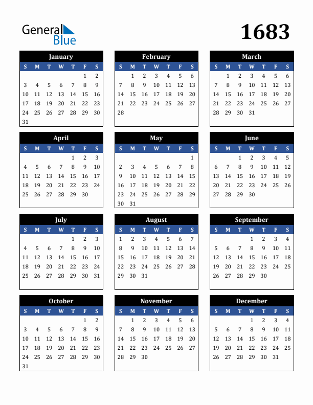 Editable Calendar 1683 - Sunday Start