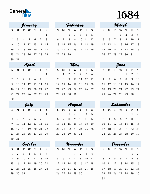 Calendar 1684 Free Download and Print