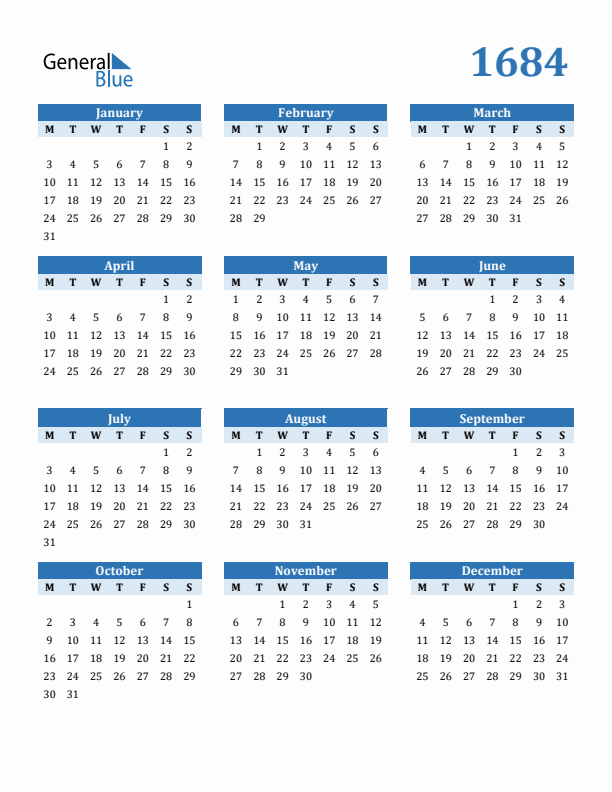 1684 Year Calendar with Monday Start