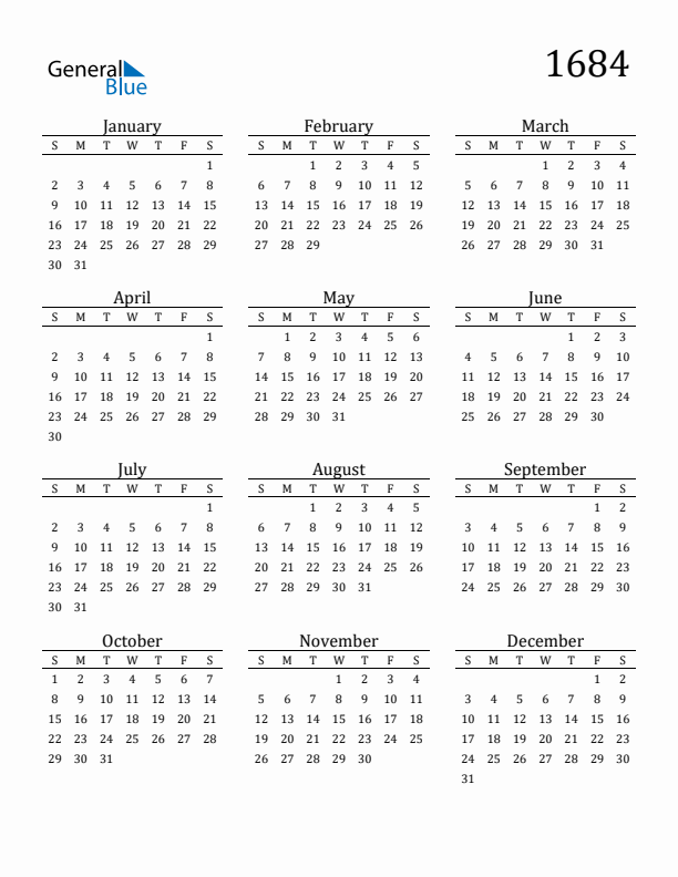 Free Printable Calendar 1684 with Sunday Start