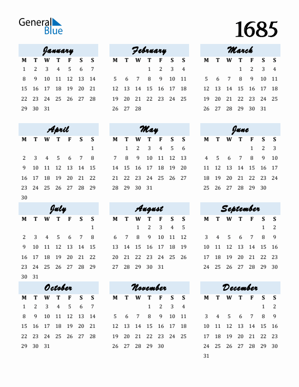 Calendar 1685 Free Download and Print