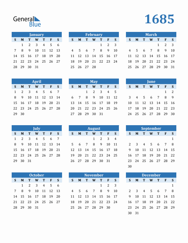 1685 Year Calendar with Sunday Start