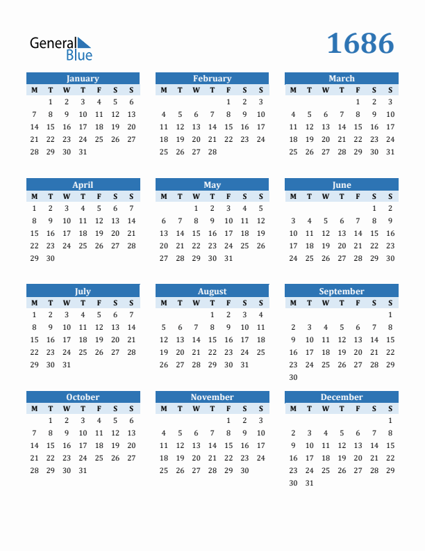 1686 Year Calendar with Monday Start