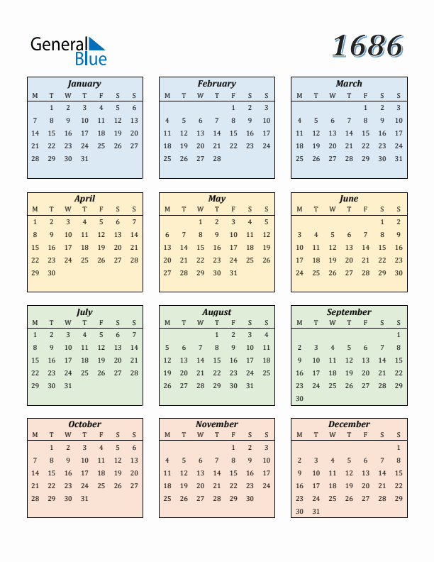 Calendar for 1686 (Monday Start)