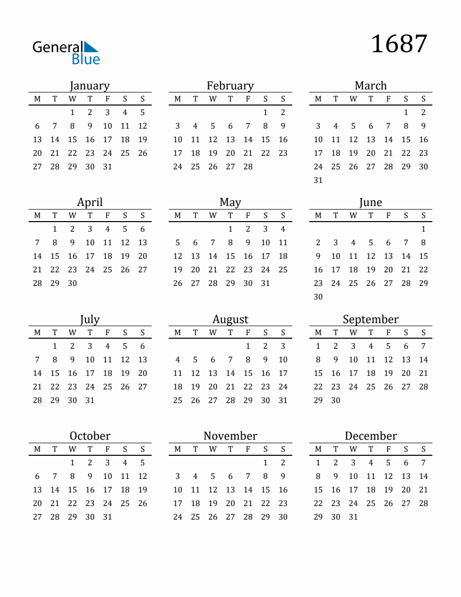Year 1687 Free Printable 12 Month Calendar