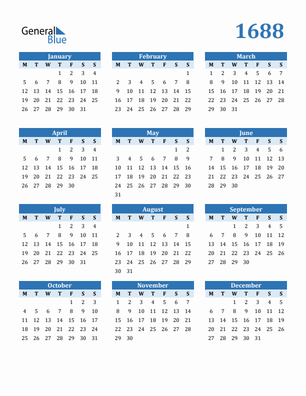 1688 Year Calendar with Monday Start