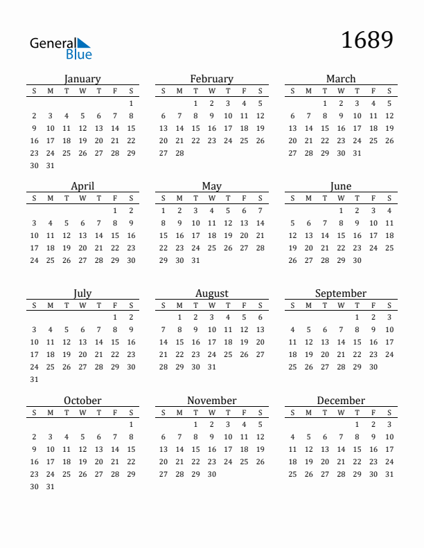 Free Printable Calendar 1689 with Sunday Start