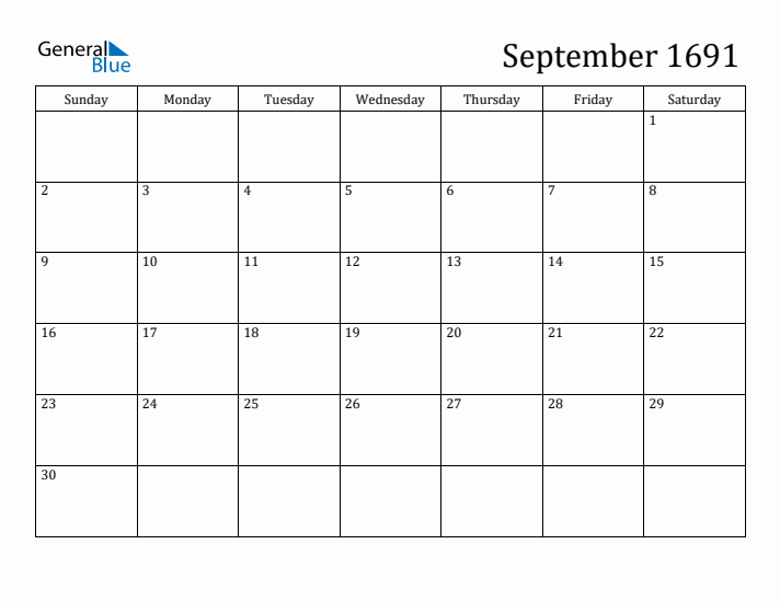 September 1691 Calendar