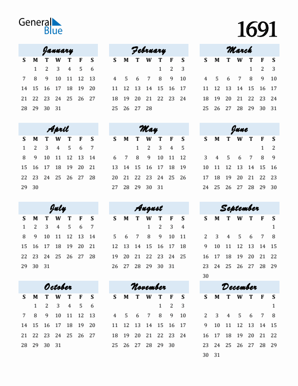 Calendar 1691 Free Download and Print