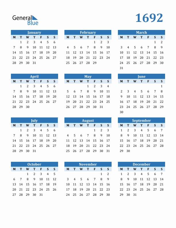 1692 Year Calendar with Monday Start