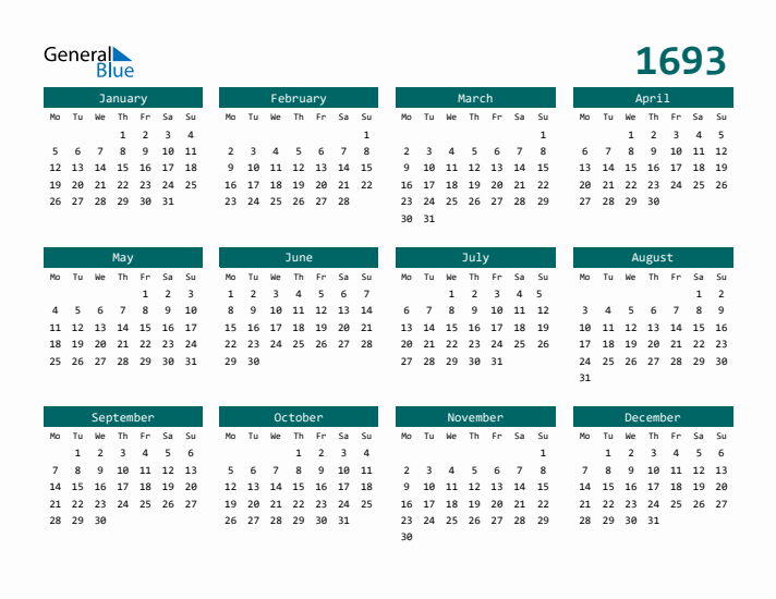 Downloadable 1693 Calendar