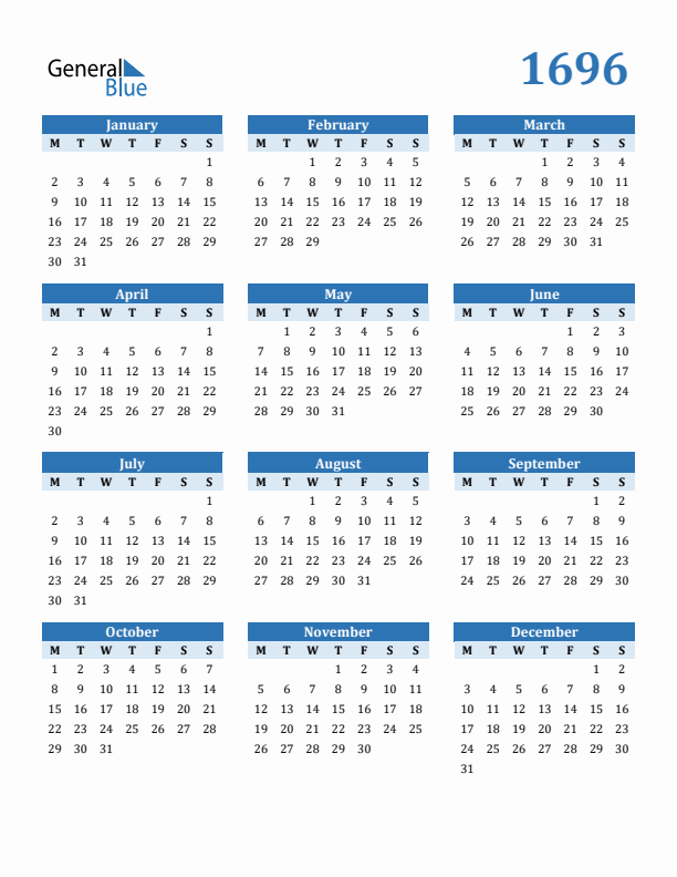 1696 Year Calendar with Monday Start
