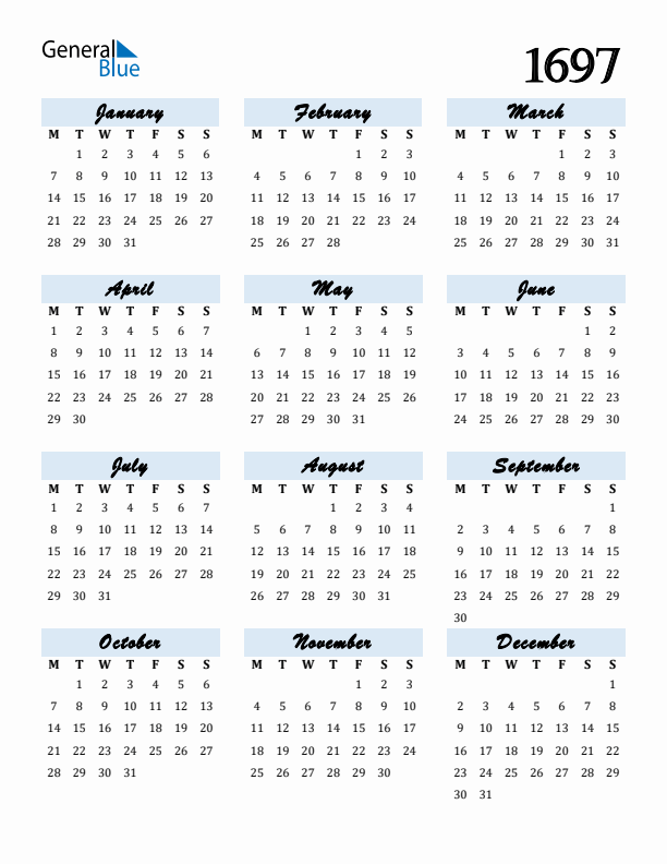 Calendar 1697 Free Download and Print
