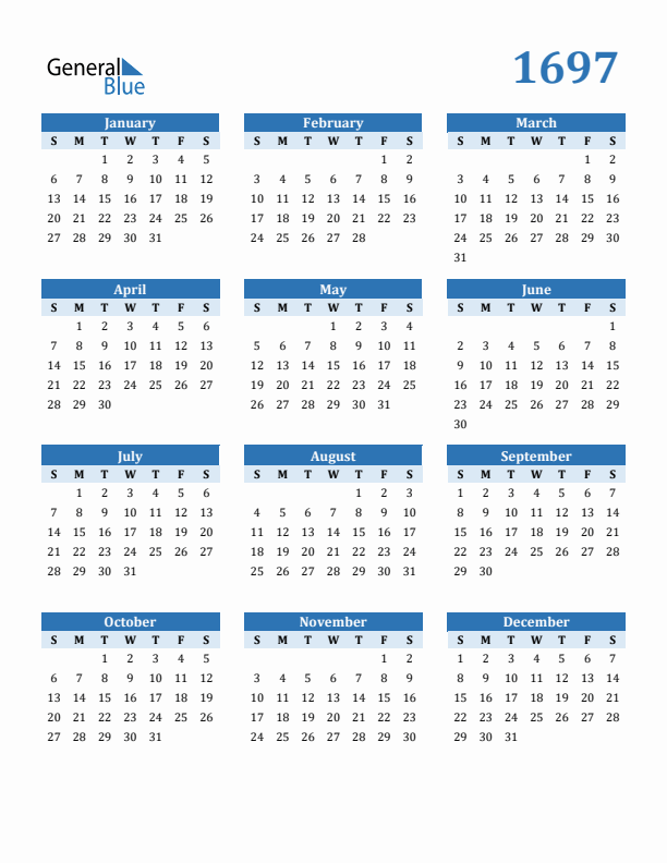1697 Year Calendar with Sunday Start