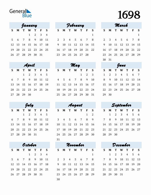 Calendar 1698 Free Download and Print