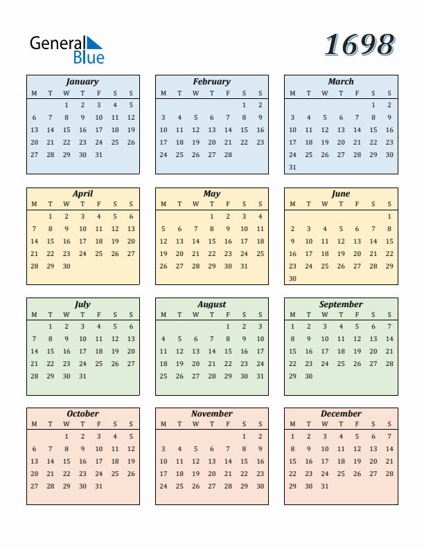 Calendar for 1698 (Monday Start)