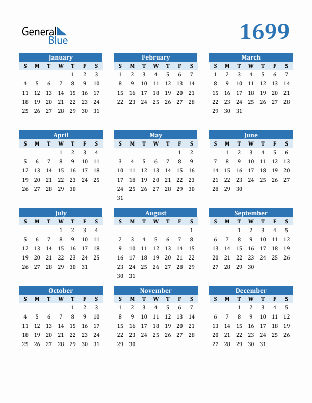 1699 Year Calendar with Sunday Start