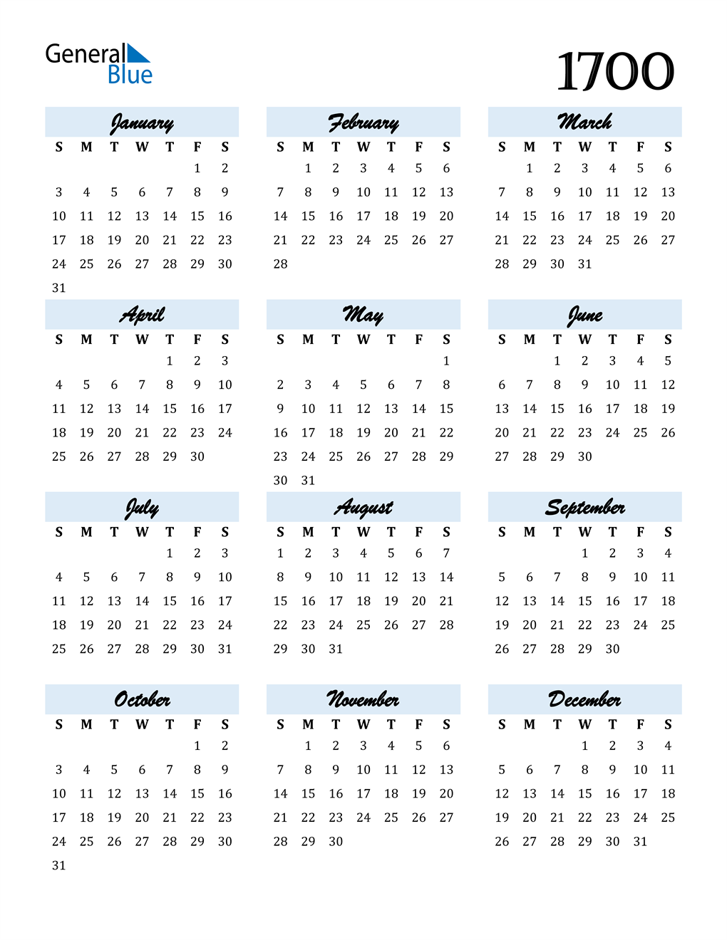 1700 Calendar (PDF, Word, Excel)