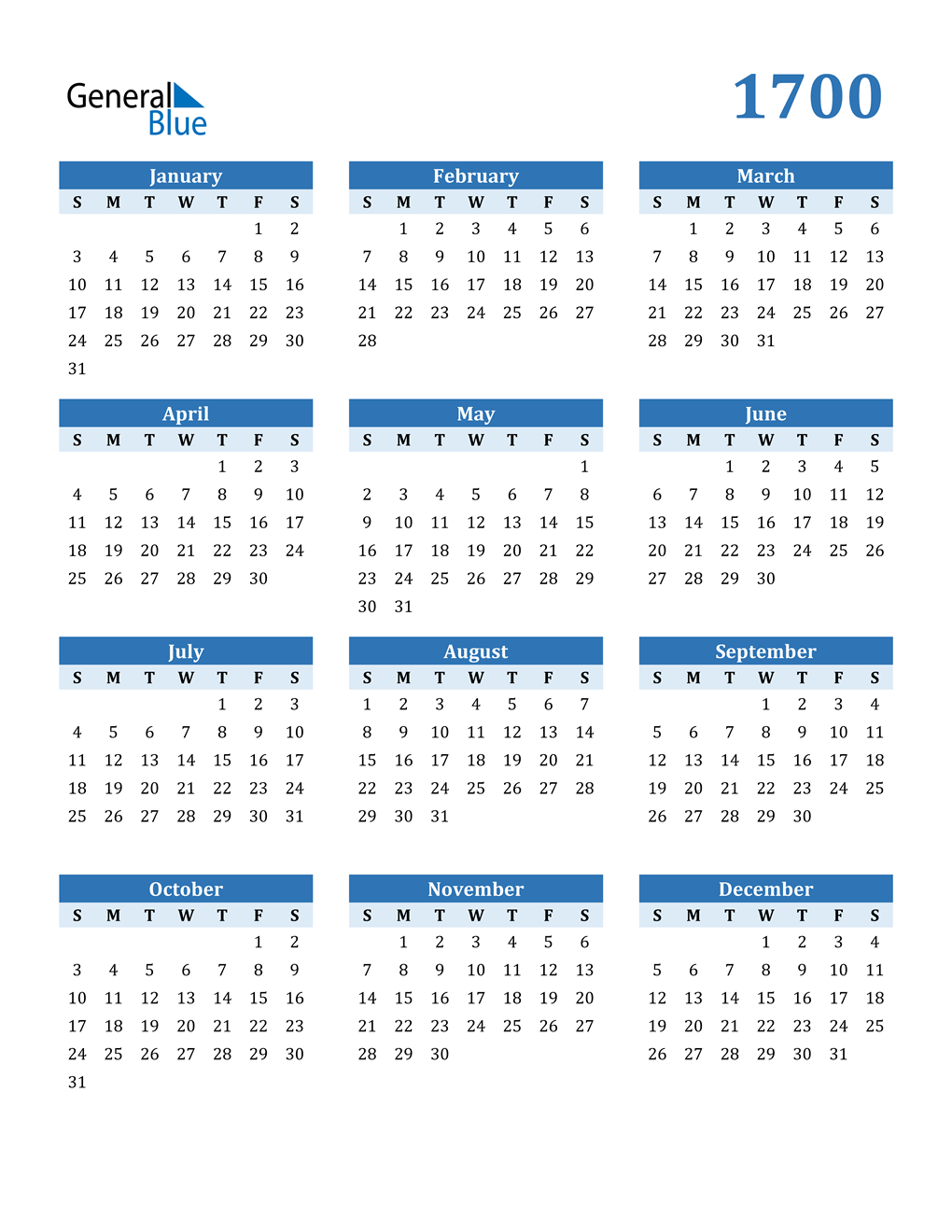 1700 Calendar (PDF, Word, Excel)