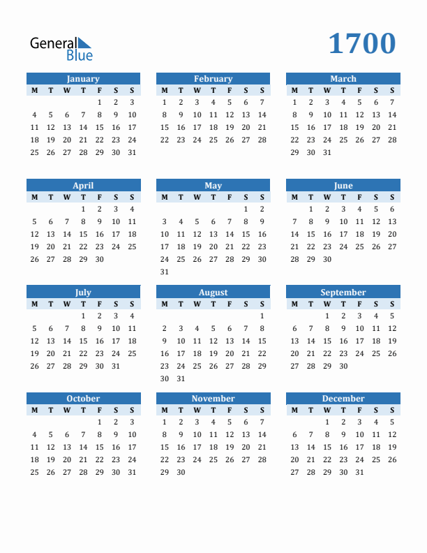1700 Year Calendar with Monday Start