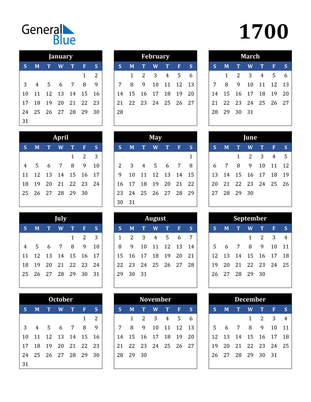 1700 Calendar (PDF, Word, Excel)