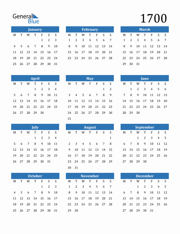 1700 Calendar