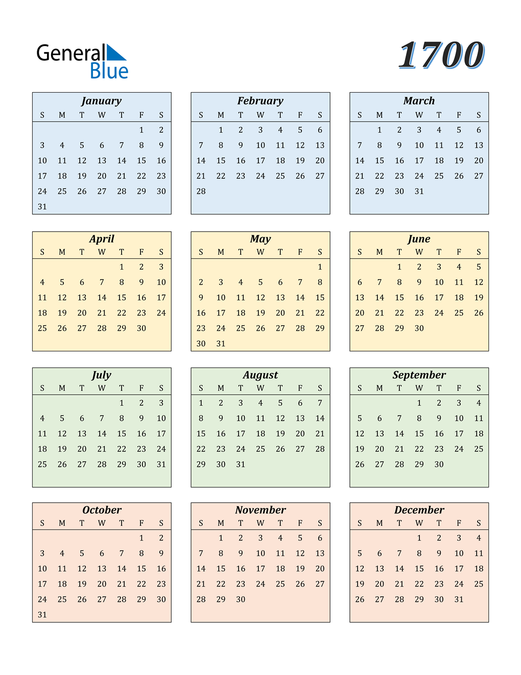 1700 Calendar (PDF, Word, Excel)